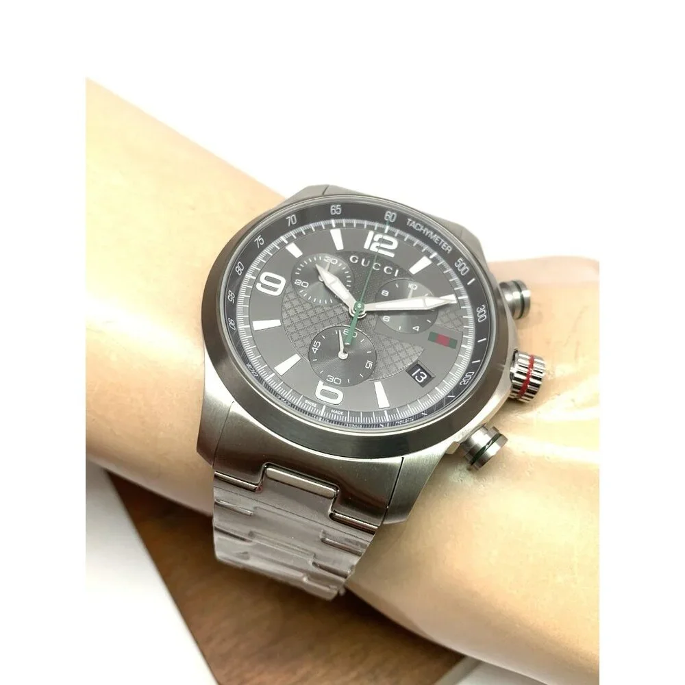 Gucci Mens Watch YA126238 G-Timeless Swiss Quartz Chronograph Gray Silver 46mm